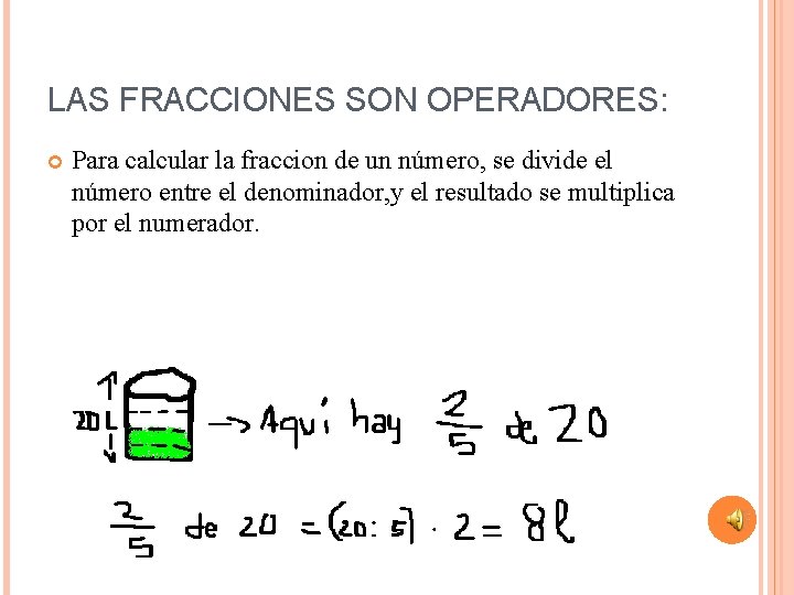 LAS FRACCIONES SON OPERADORES: Para calcular la fraccion de un número, se divide el