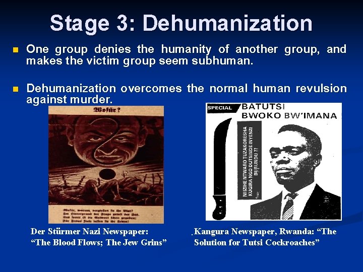 Stage 3: Dehumanization n One group denies the humanity of another group, and makes