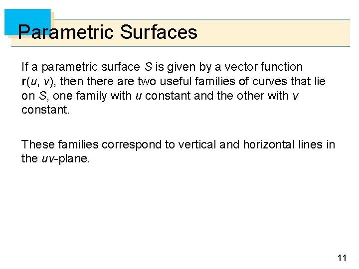 Parametric Surfaces If a parametric surface S is given by a vector function r(u,