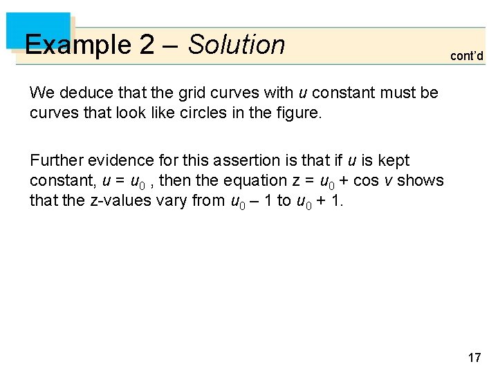 Example 2 – Solution cont’d We deduce that the grid curves with u constant