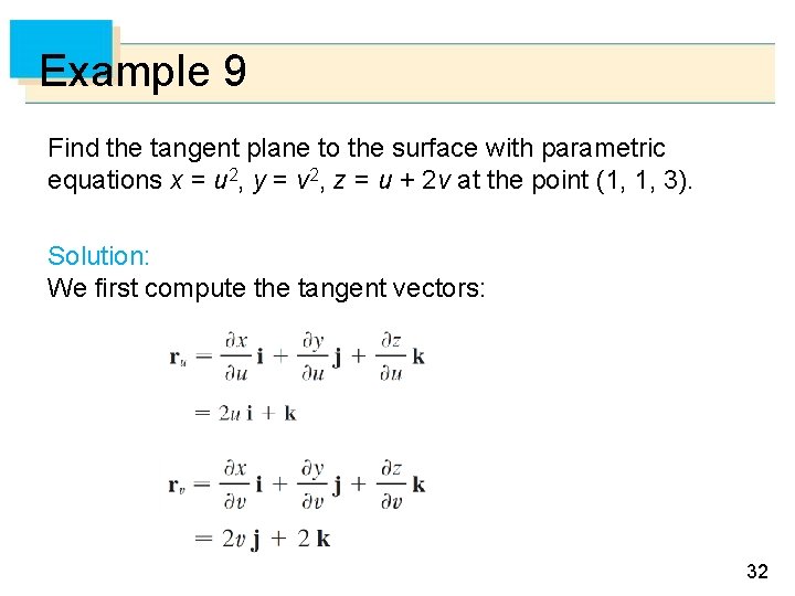Example 9 Find the tangent plane to the surface with parametric equations x =