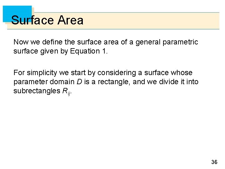 Surface Area Now we define the surface area of a general parametric surface given