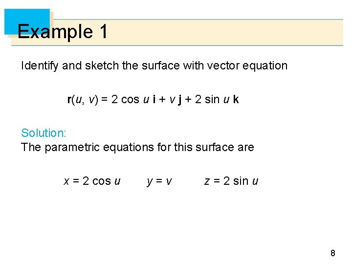 Example 1 Identify and sketch the surface with vector equation r(u, v) = 2