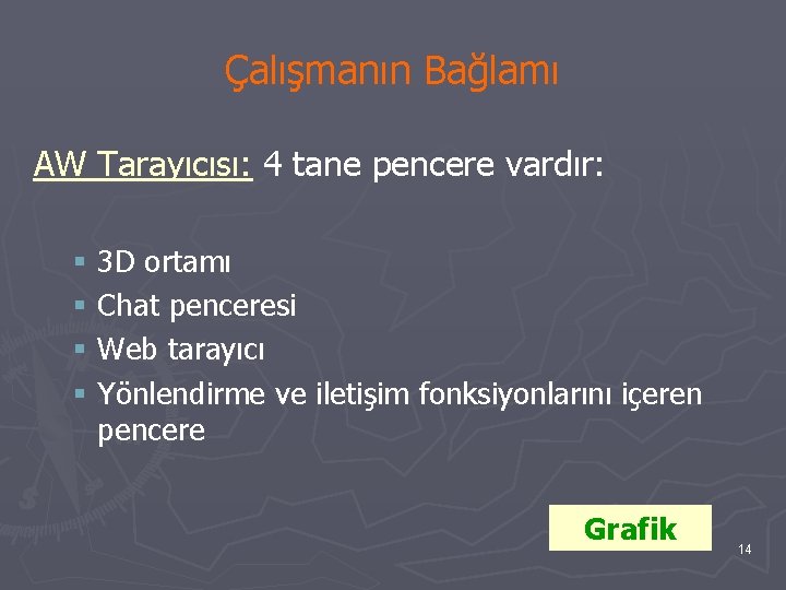 Çalışmanın Bağlamı AW Tarayıcısı: 4 tane pencere vardır: § 3 D ortamı § Chat