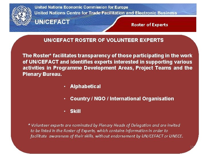 UN Economic Commission for Europe Roster of Experts UN/CEFACT ROSTER OF VOLUNTEER EXPERTS The