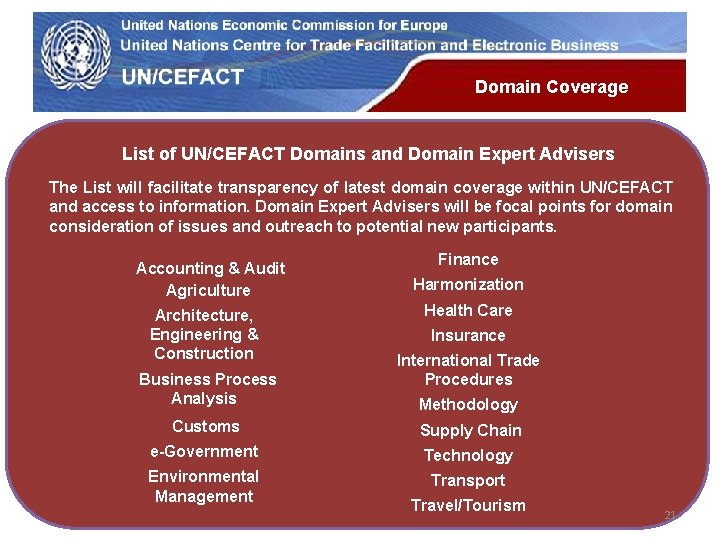 UN Economic Commission for Europe Domain Coverage List of UN/CEFACT Domains and Domain Expert