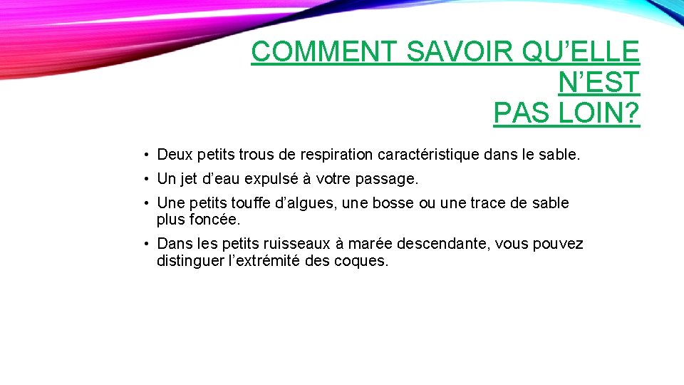 COMMENT SAVOIR QU’ELLE N’EST PAS LOIN? • Deux petits trous de respiration caractéristique dans
