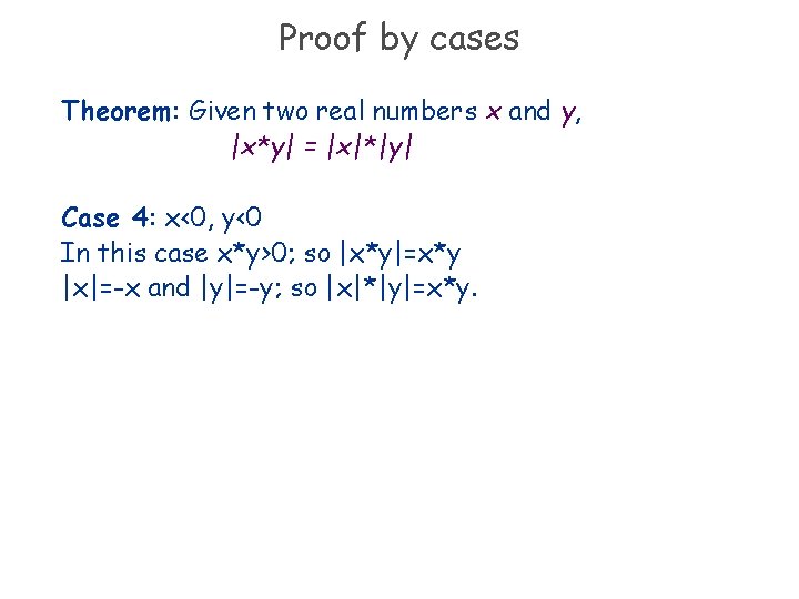 Proof by cases Theorem: Given two real numbers x and y, |x*y| = |x|*|y|