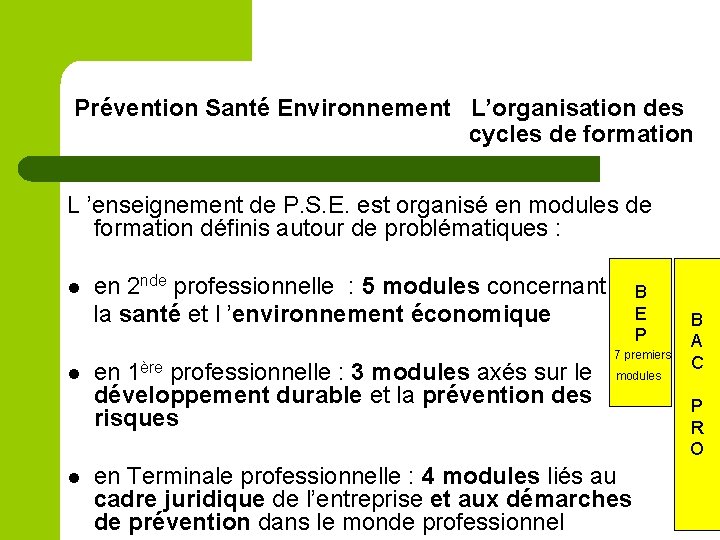 Prévention Santé Environnement L’organisation des cycles de formation L ’enseignement de P. S. E.