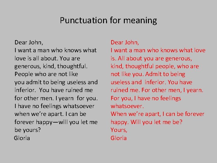 Punctuation for meaning Dear John, I want a man who knows what love is