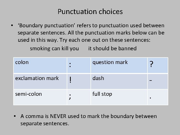 Punctuation choices • ‘Boundary punctuation’ refers to punctuation used between separate sentences. All the