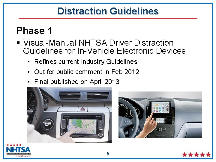 Distraction Guidelines Phase 1 § Visual-Manual NHTSA Driver Distraction Guidelines for In-Vehicle Electronic Devices