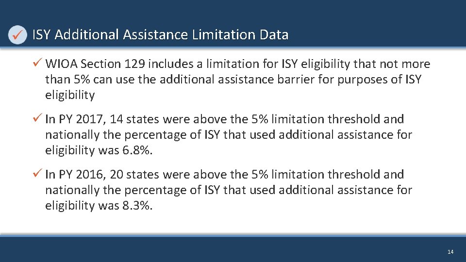 ISY Additional Assistance Limitation Data ü WIOA Section 129 includes a limitation for ISY