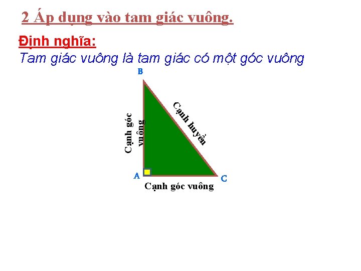 2 Áp dụng vào tam giác vuông. Định nghĩa: Tam giác vuông là tam