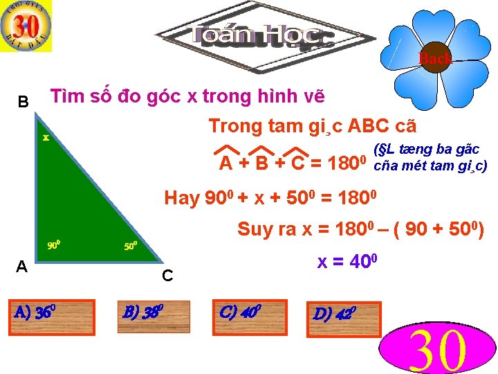 Back Tìm số đo góc x trong hình vẽ B Trong tam gi¸c ABC