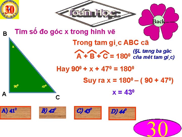 Back Tìm số đo góc x trong hình vẽ B Trong tam gi¸c ABC