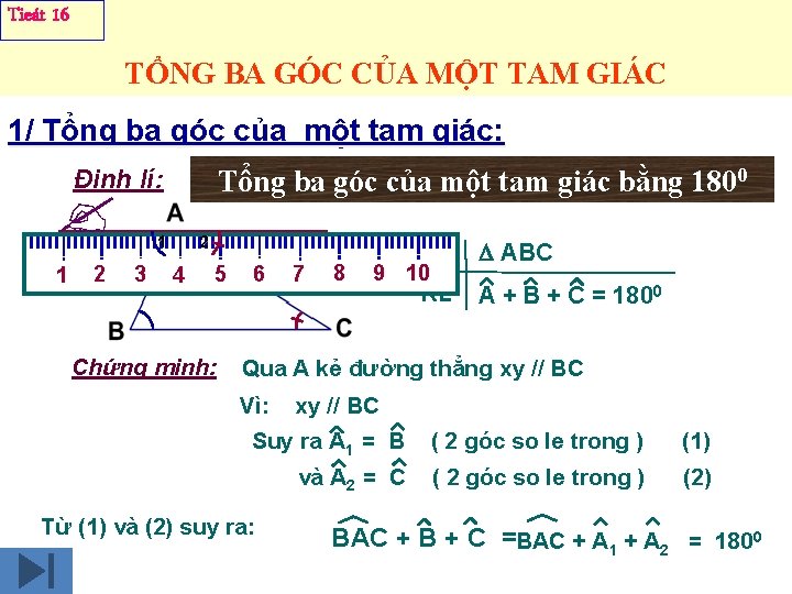 Tieát 16 TỔNG BA GÓC CỦA MỘT TAM GIÁC 1/ Tổng ba góc của