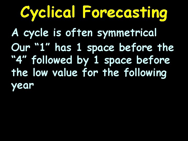 Cyclical Forecasting A cycle is often symmetrical Our “ 1” has 1 space before