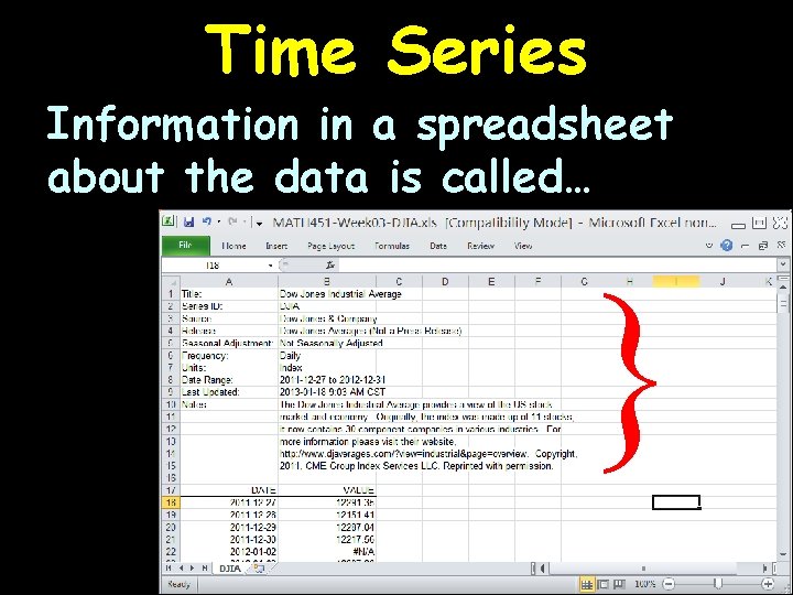 Time Series Information in a spreadsheet about the data is called… } 