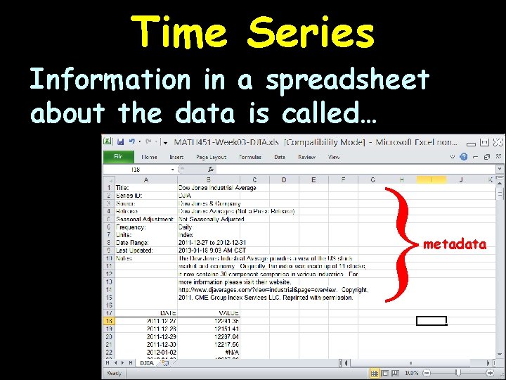 Time Series Information in a spreadsheet about the data is called… } metadata 