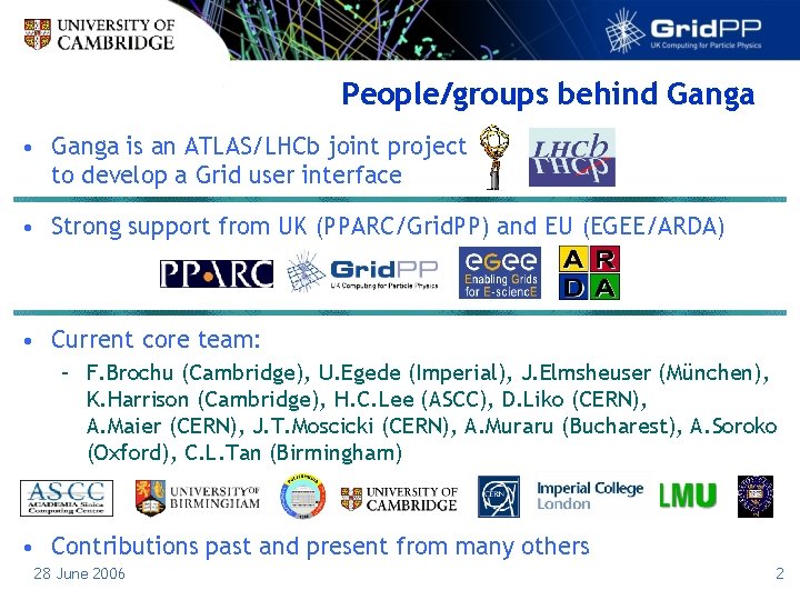 People/groups behind Ganga • Ganga is an ATLAS/LHCb joint project to develop a Grid