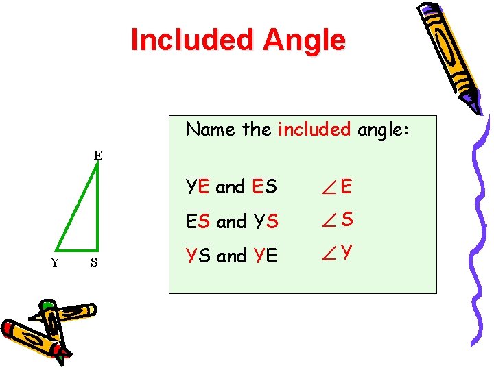 Included Angle Name the included angle: E Y S YE and ES E ES