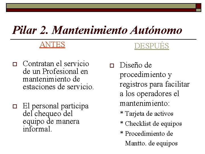 Pilar 2. Mantenimiento Autónomo ANTES o Contratan el servicio de un Profesional en mantenimiento