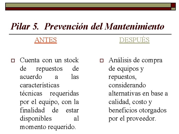 Pilar 5. Prevención del Mantenimiento ANTES o Cuenta con un stock de repuestos de