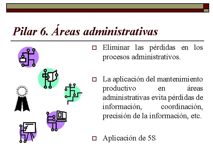 Pilar 6. Áreas administrativas o Eliminar las pérdidas en los procesos administrativos. o La