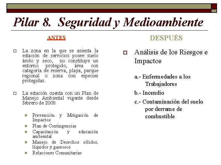 Pilar 8. Seguridad y Medioambiente DESPUÉS ANTES o o La zona en la que