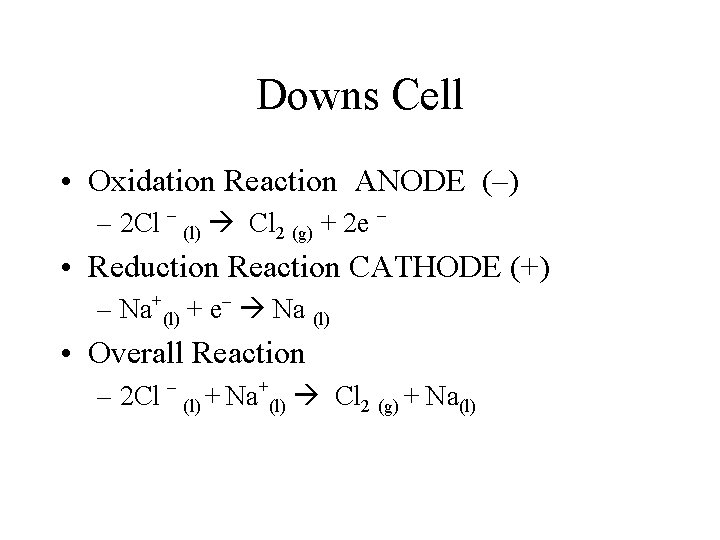 Downs Cell • Oxidation Reaction ANODE (–) – 2 Cl – (l) Cl 2 Downs Cell • Oxidation Reaction ANODE (–) – 2 Cl – (l) Cl 2