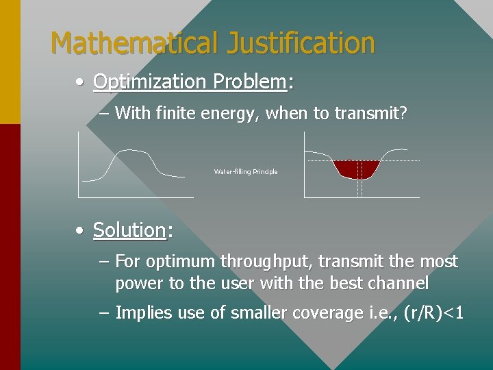 Mathematical Justification • Optimization Problem: – With finite energy, when to transmit? Water-filling Principle