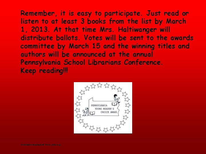 Remember, it is easy to participate. Just read or listen to at least 3