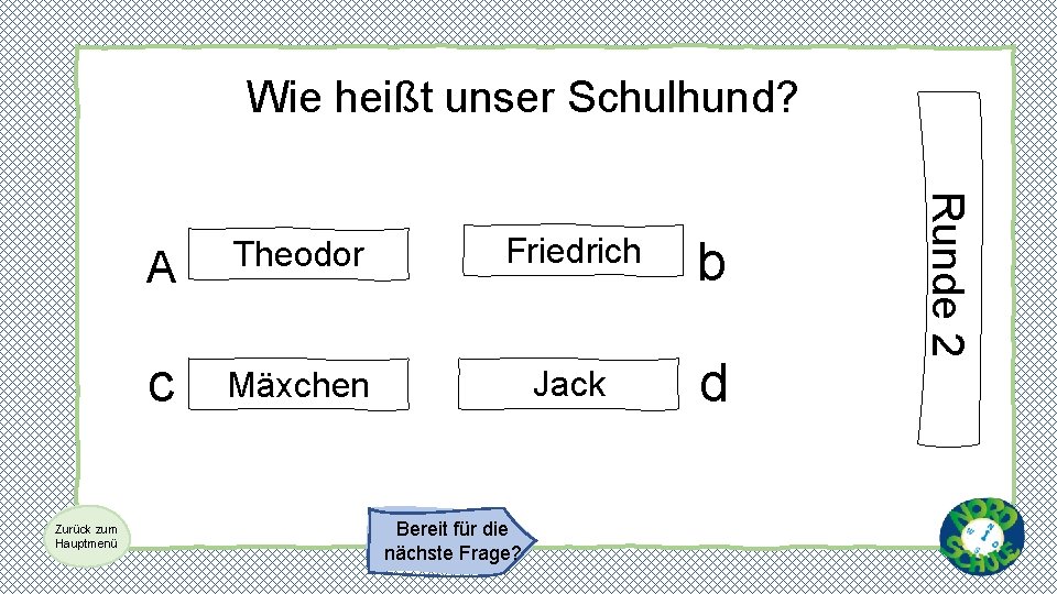 Wie heißt unser Schulhund? A Friedrich b c Mäxchen Jack d Bereit für die