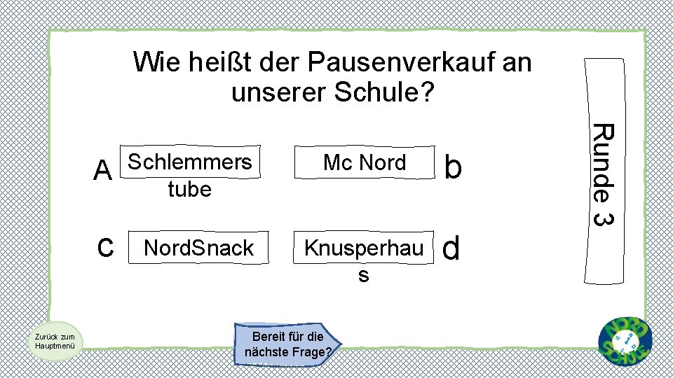 Wie heißt der Pausenverkauf an unserer Schule? A c Nord. Snack Mc Nord b