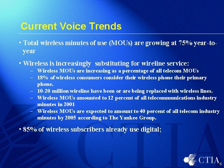 Current Voice Trends • Total wireless minutes of use (MOUs) are growing at 75%