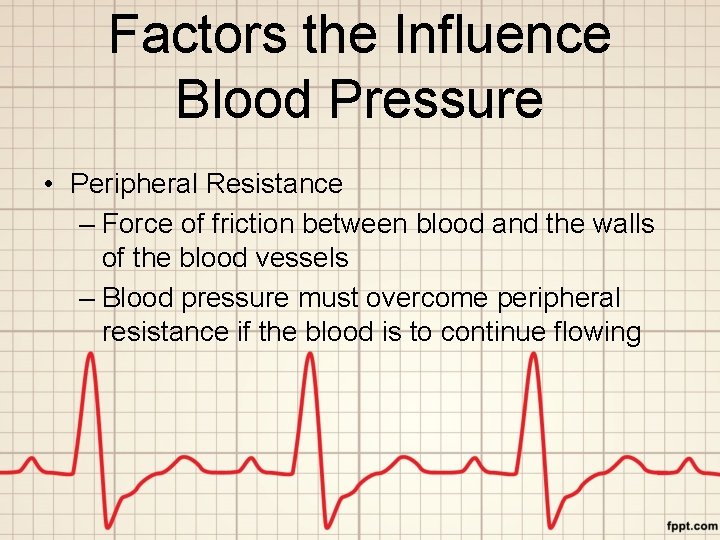 Factors the Influence Blood Pressure • Peripheral Resistance – Force of friction between blood