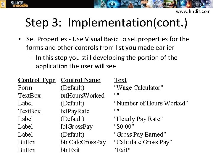 www. hndit. com Step 3: Implementation(cont. ) • Set Properties - Use Visual Basic