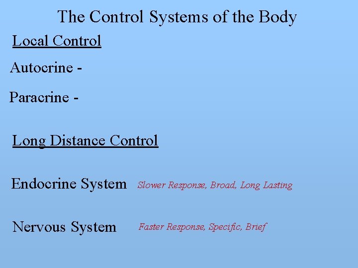 The Control Systems of the Body Local Control Autocrine Paracrine Long Distance Control Endocrine