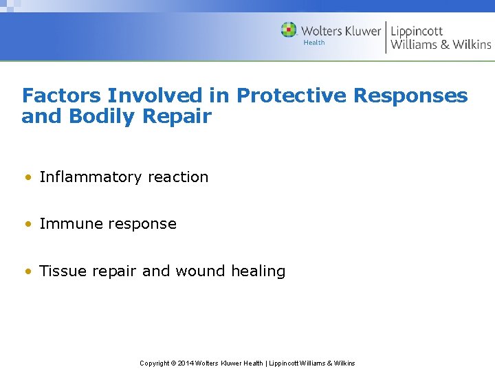 Factors Involved in Protective Responses and Bodily Repair • Inflammatory reaction • Immune response Factors Involved in Protective Responses and Bodily Repair • Inflammatory reaction • Immune response