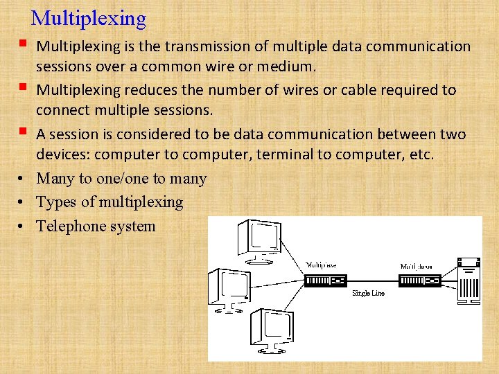 Multiplexing § Multiplexing is the transmission of multiple data communication sessions over a common
