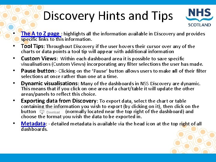 Discovery Hints and Tips • The A to Z page : highlights all the