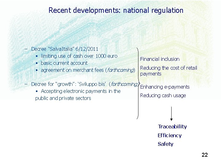 Recent developments: national regulation – Decree “Salva. Italia” 6/12/2011 • limiting use of cash