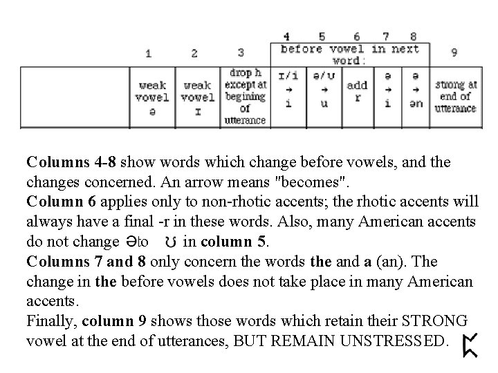 Columns 4 -8 show words which change before vowels, and the changes concerned. An