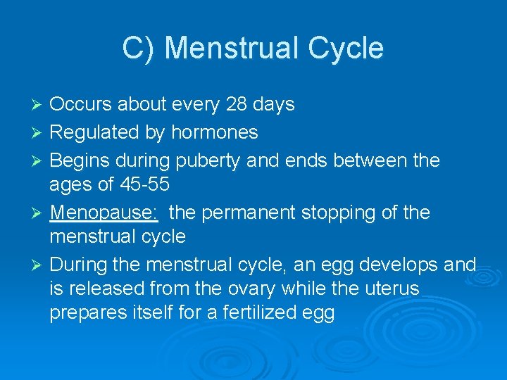 C) Menstrual Cycle Occurs about every 28 days Ø Regulated by hormones Ø Begins