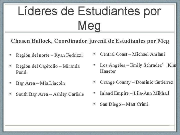 Líderes de Estudiantes por Meg Chasen Bullock, Coordinador juvenil de Estudiantes por Meg •