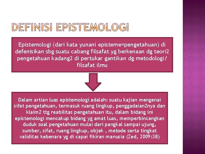 Epistemologi (dari kata yunani episteme=pengetahuan) di defenisikan sbg suatu cabang filsafat yg berkenaan dg