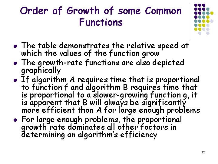 Order of Growth of some Common Functions l l The table demonstrates the relative