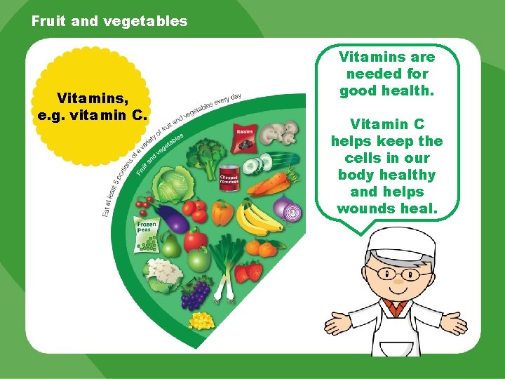 Fruit and vegetables Vitamins, e. g. vitamin C. Vitamins are needed for good health.