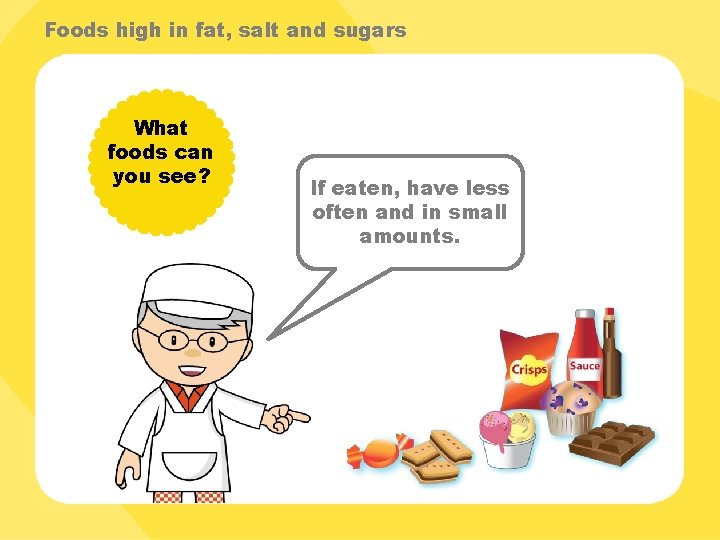 Foods high in fat, salt and sugars What foods can you see? If eaten,